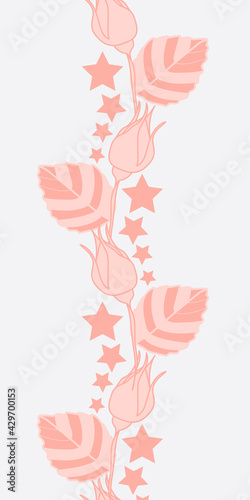 Vector pink Lineart hibiscus roses flowers and leaves on light background seamless repeat pattern with hand-drawn lineart. The surface pattern design. 