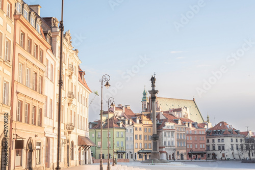 View of the old town in Warsaw. Column of Sigismund. Landmarks of Poland.