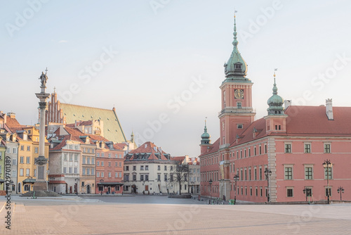 View of the old town of Warsaw, Poland. The main square and the royal castle. Column of Sigismund.