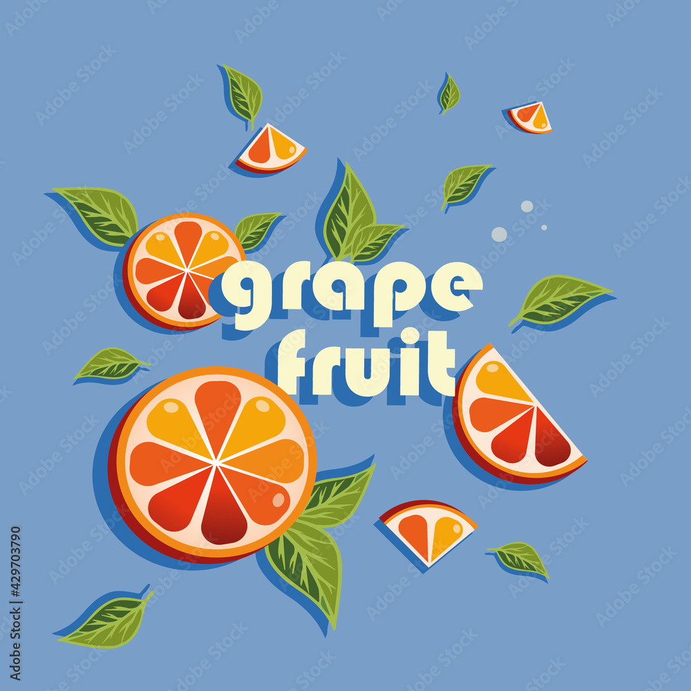 Naklejka premium stylized flat drawing of citrus fruit grapefruit with leaves and an inscription, bright background for summer design, vector graphics