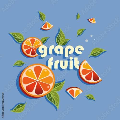 stylized flat drawing of citrus fruit grapefruit with leaves and an inscription, bright background for summer design, vector graphics