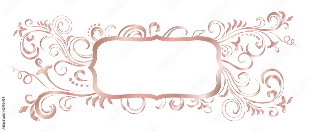 Rose golden shiny glowing ornate frame isolated over white