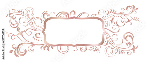 Rose golden shiny glowing ornate frame isolated over white