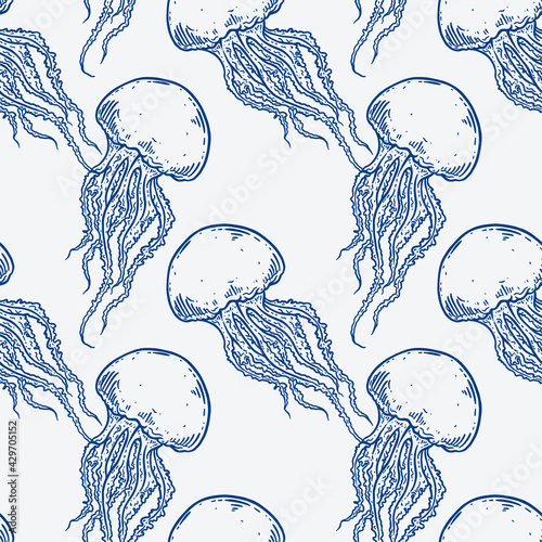 Hand drawn jellyfish seamless pattern background illustration