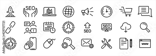 SEO Search Engine Optimisation and Marketing. Collection modern lines web icons. Editable Stroke. Search Engine Optimization, Target, Watch List, Website Stats and more