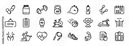 Set of Thin line icons Fitness and Sport. Collection Outline symbol fitness, gym and health care