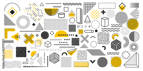 Universal trend geometric shapes. Collection of 100 geometric shapes. Memphis design elements for Magazine, leaflet, billboard, sale, web, advertisement, poster. Outline hatching forms or dots