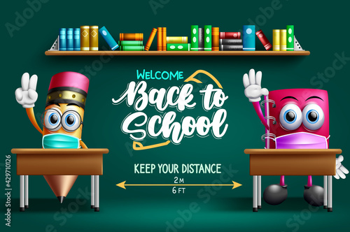 Back to school character vector design. Welcome back to school text with pencil and notebook 3d characters in classroom background sitting in desk with distance. Vector illustration
