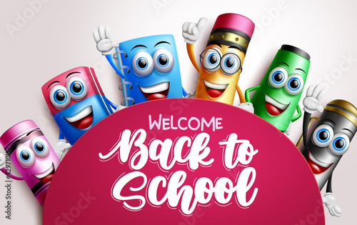 Back to school characters vector template design. Welcome back to school text in space with student supplies 3d character like notebook, pencil and eraser for educational background.