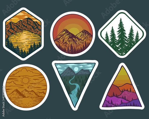 Adventure Landscape retro stickers vector illustration