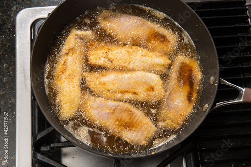 Photography Pan-frying or home cooking fish fillet on a stove top.