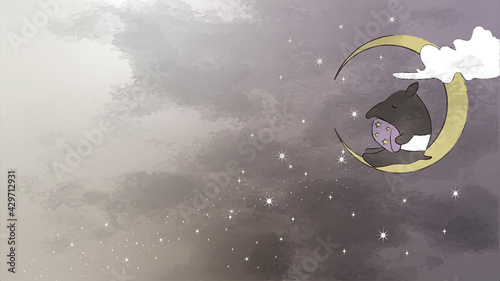 空で安眠するバクのイラスト テキストなし