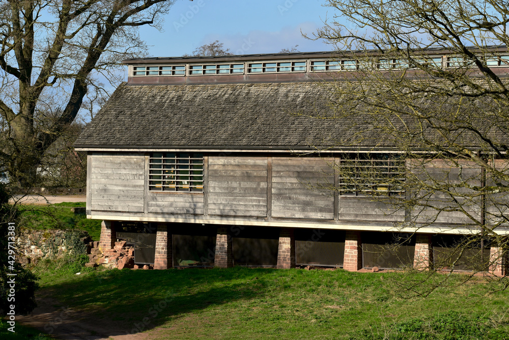 Covered wooden bridge across the moat, Kenilworth, England, UK	