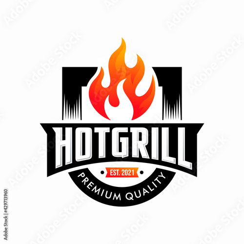 vintage grilled barbecue logo, retro BBQ vector, fire grill food and restaurant icon, Red fire icon
