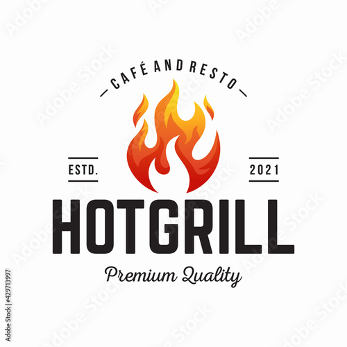vintage grilled barbecue logo, retro BBQ vector, fire grill food and restaurant icon, Red fire icon
