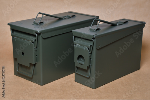 Fotografie Military ammunition green metal large boxes with close lid