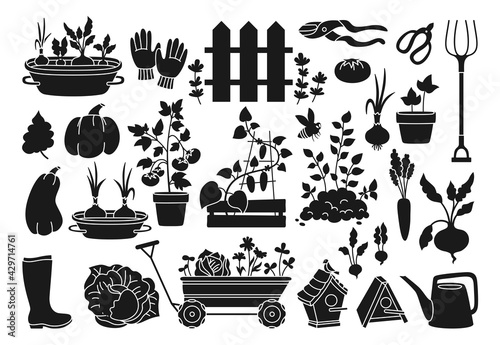 Garden black glyph cartoon set. Vegetables growing soil in pot, rustic fence. Rubber boots pitchfork and gloves, secateurs. Garden cart, birdhouse watering can. Hand drawn Isolated vector illustration