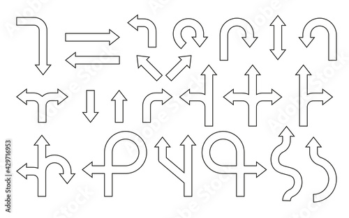 Black outline road sign. Contour icon navigation or direction way. Rounded arrow. Design template of various pointer, traffic turn, branching, double cursor. Driving arrow Isolated vector illustration