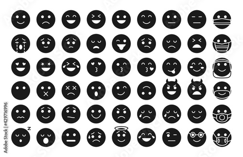 Emoji face black glyph icon set. Different type emoticon smile silhouette collection. Template mood faces expressing laugh, sad or angry, love. Emoticons in mask Isolated on white vector illustration