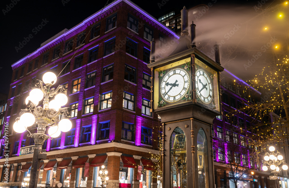 Close-up Gastown Steam Clock. Vancouver downtown beautiful street view at night. British Columbia, Canada.
