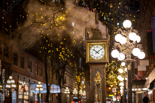 Close-up Gastown Steam Clock. Vancouver downtown beautiful street view at night. British Columbia, Canada.