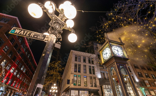 Close-up Gastown Steam Clock. Vancouver downtown beautiful street view at night. British Columbia, Canada. photo