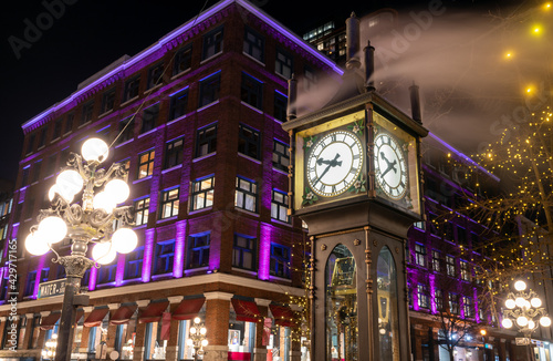 Close-up Gastown Steam Clock. Vancouver downtown beautiful street view at night. British Columbia, Canada. photo