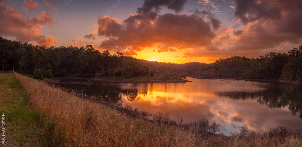 Stunning Panoramic Lakeside Sunset with Reflections