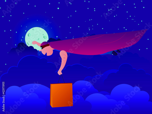 Delivery 24 hours, concept. Super man on the background of the night sky and the moon delivers a package. Delivery of goods around the clock