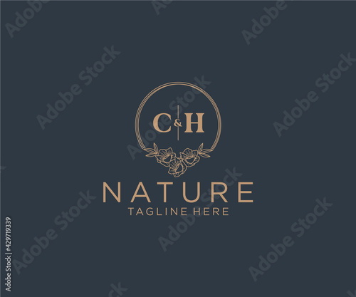 initial CH letters floral frames. Botanical feminine editable premade monoline unique decoration for greeting card, wedding invitation.