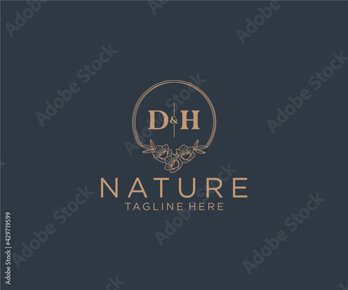initial DH letters floral frames. Botanical feminine editable premade monoline unique decoration for greeting card, wedding invitation.