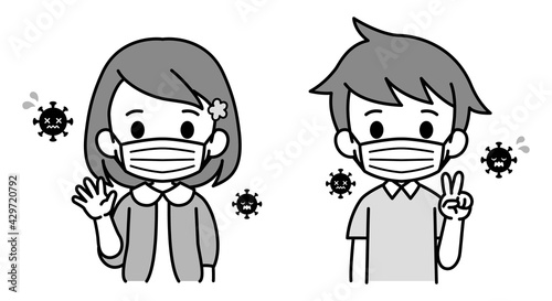 マスクをつけた女の子と男の子　感染予防　マスク　イラスト素材　モノトーン　白黒