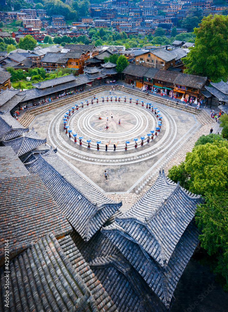 Song and dance square at Qianhu Miao Village, Xijiang, Qiandongnan, Guizhou Province, China