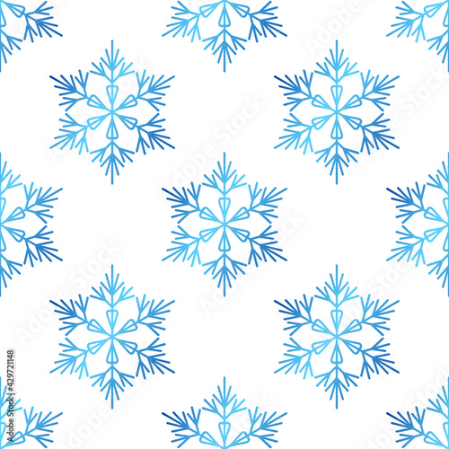 Winter seamless pattern with colorful gradient snowflakes on white background. Vector illustration for fabric, textile wallpaper, posters, gift wrapping paper. Christmas vector illustration