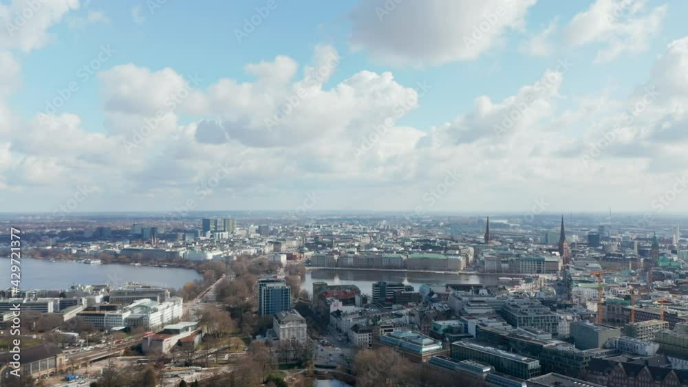 Panoramic aerial view of Hamburg city center with church spires rising above the cityscape Panoramic aerial view of Hamburg city center with church spires rising above the cityscape
