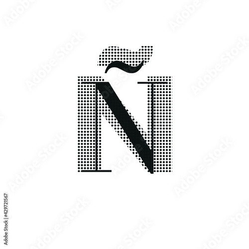 Letter Ñ, uppercase, black color with dotted texture, typewriter character, editable vector