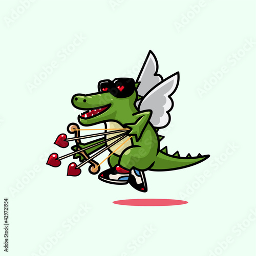 Cartoon cute cupid crocodile with love arrow vector illustration