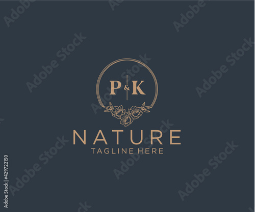 initial PK letters floral frames. Botanical feminine editable premade monoline unique decoration for greeting card, wedding invitation.