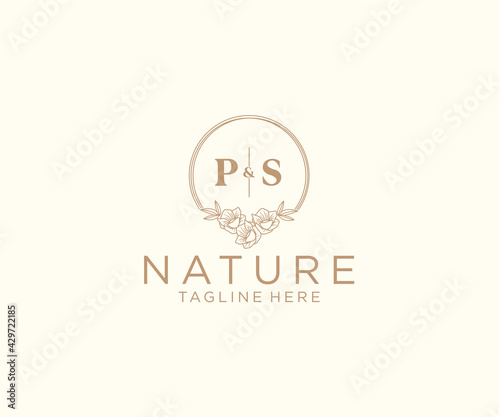 initial PS letters floral frames. Botanical feminine editable premade monoline unique decoration for greeting card, wedding invitation.