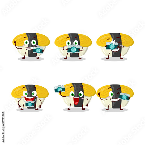 Photographer profession emoticon with tamago sushi cartoon character