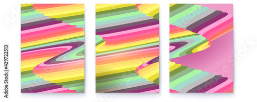 Covers with psychedelic pattern. Set of abstract posters. Colorful stripes in vintage colors. Vector illustration.