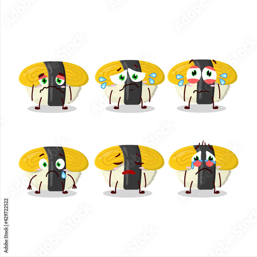 Tamago sushi cartoon character with sad expression
