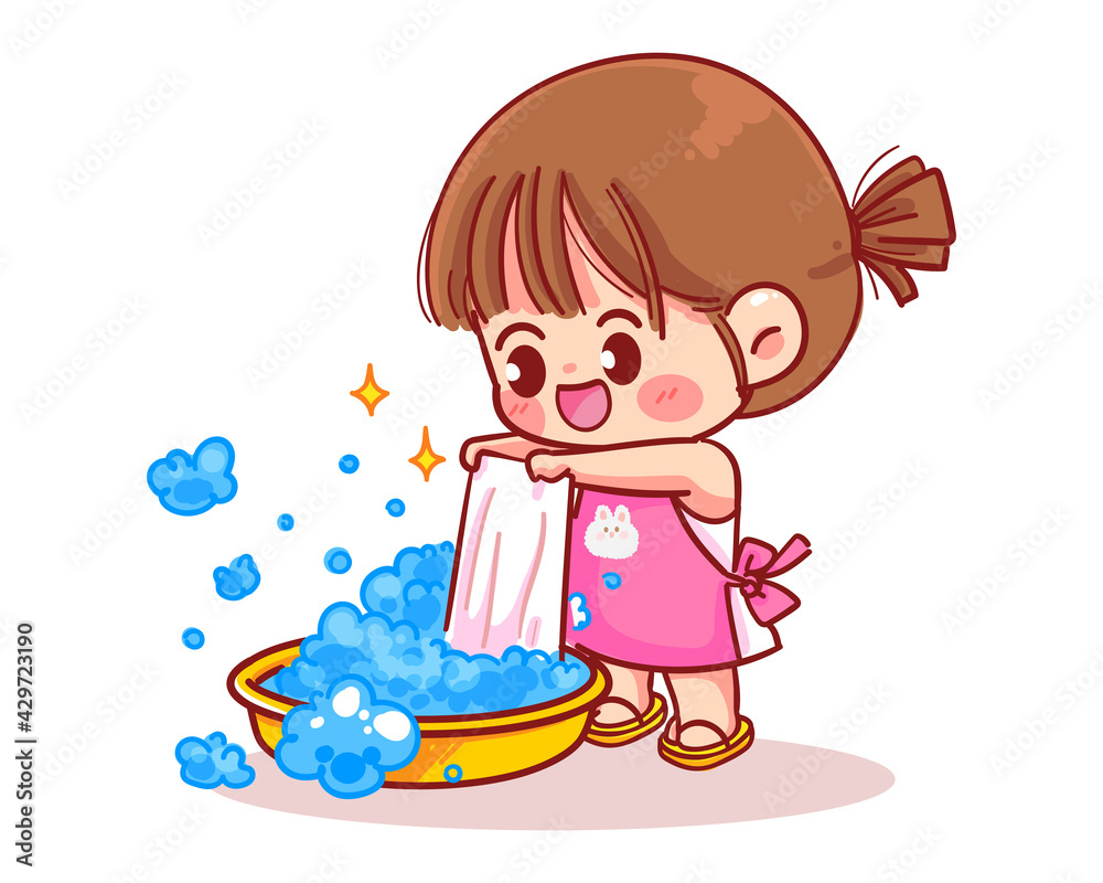 Cute girl washes clothes cartoon art illustration Cute girl washes clothes cartoon art illustration
