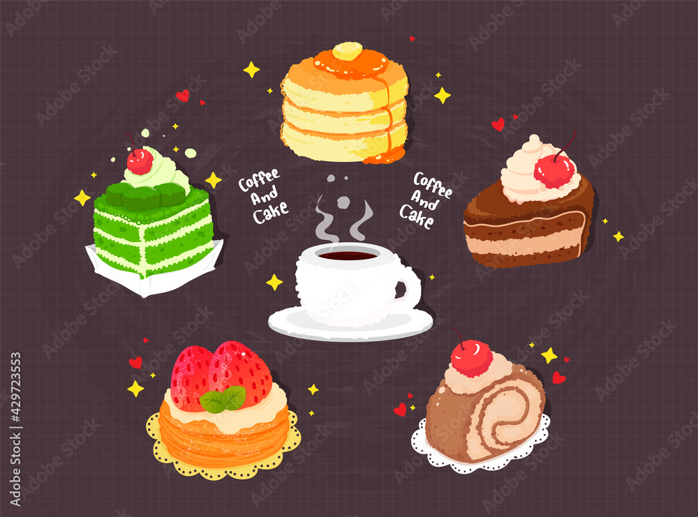 Hand drawn coffee and cake cartoon art illustration Hand drawn coffee and cake cartoon art illustration