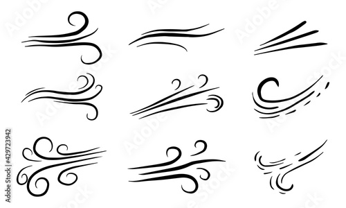 hand drawn set wind doodle blow, gust design isolated on white background. vector illustration