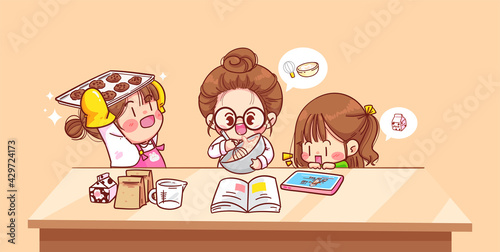 Cute girl watching online cooking class in her kitchen, leaning on table, Online training. Homemade cooking.and reading a book. cooking at home cartoon art illustration