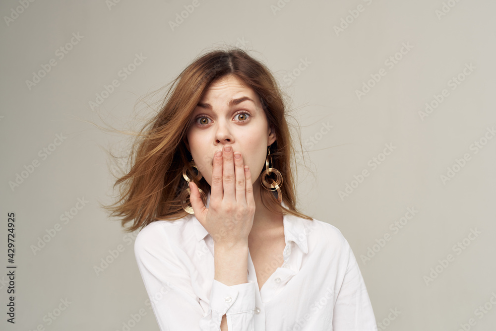 Cheerful woman attractive look emotions shirt studio elegant style Cheerful woman attractive look emotions shirt studio elegant style