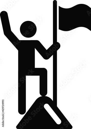 Man with Flag stendind on the top of Mountain. Icon. Success concept vector ico 