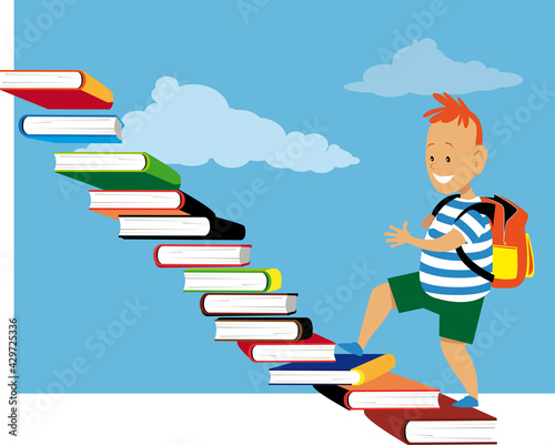 Little boy walking up the stairs made of books, EPS 8 vector illustration