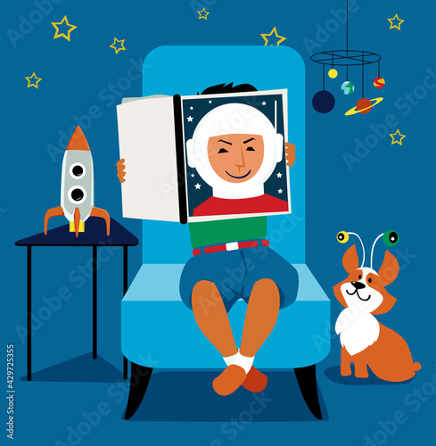 Little boy reading a book about astronaut in a room filled with space themed toys, EPS 8 vector illustration